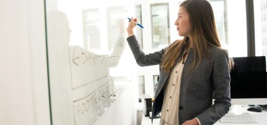 Professional woman writing on a whiteboard in an office environment, focusing on ideas.